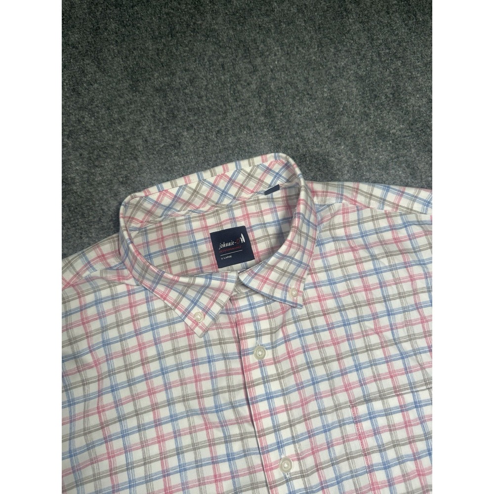 Johnnie O Mens XL Red Blue Plaid Button Performance Shirt Nylon Blend Stretch
